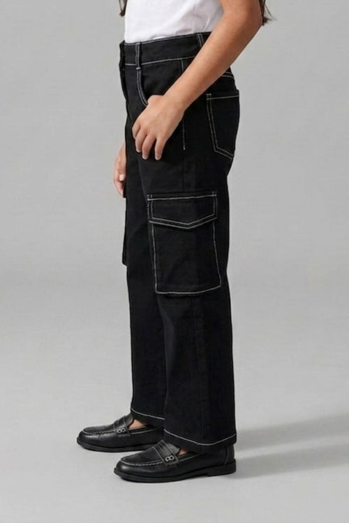 Black Cargo Pants with Contrast Stitching P1596