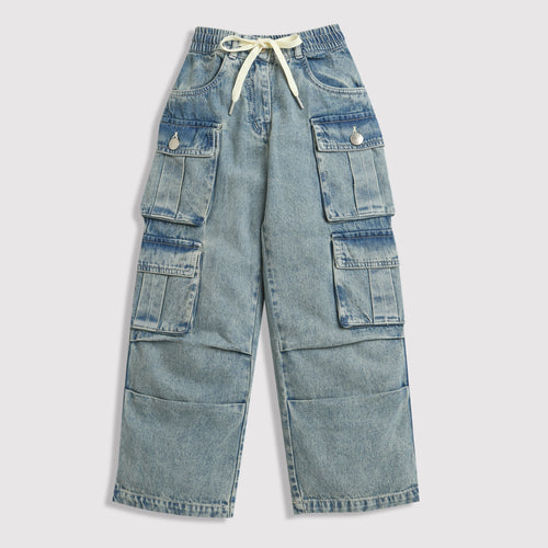 Girls Patch Pocket Denim Cargo Jeans P1599