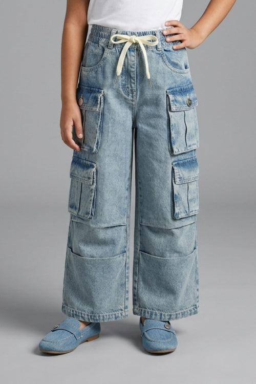 Girls Patch Pocket Denim Cargo Jeans P1599