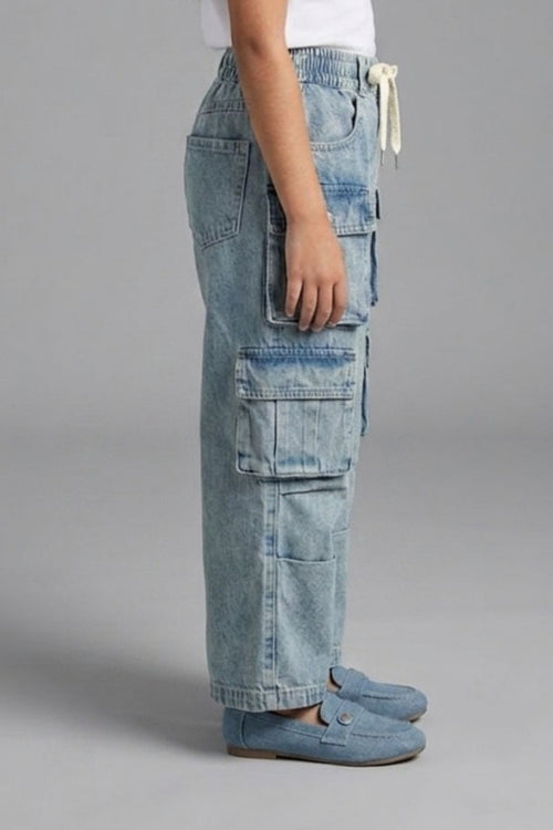 Girls Patch Pocket Denim Cargo Jeans P1599