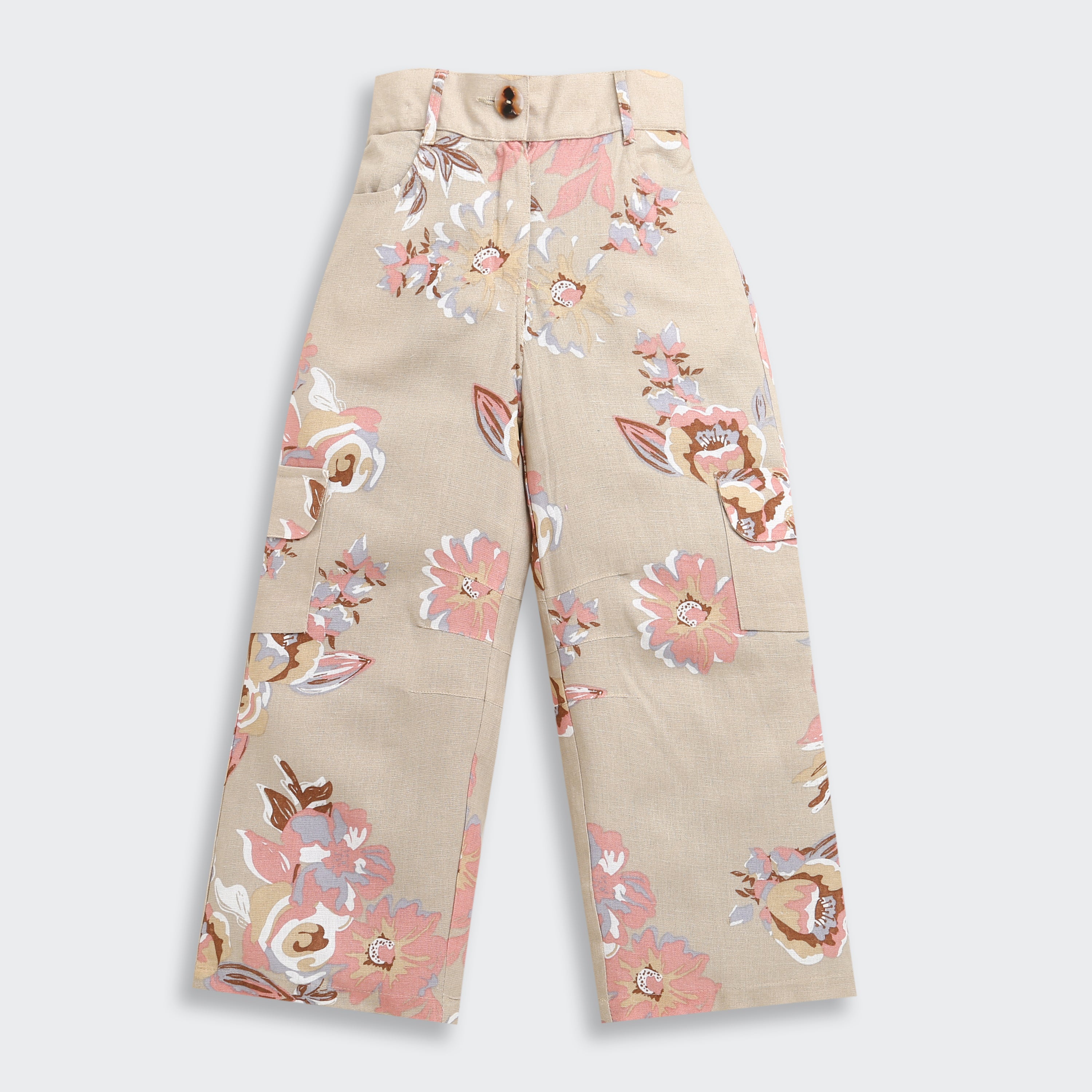 Girls Printed Beige Cargo Jeans
