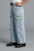 Neon Belt & Pocket Flap Cargo Denim Pants 1632