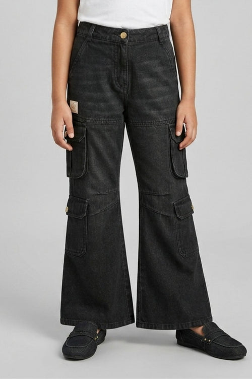 Black Denim Cargo Flared Jeans P1634