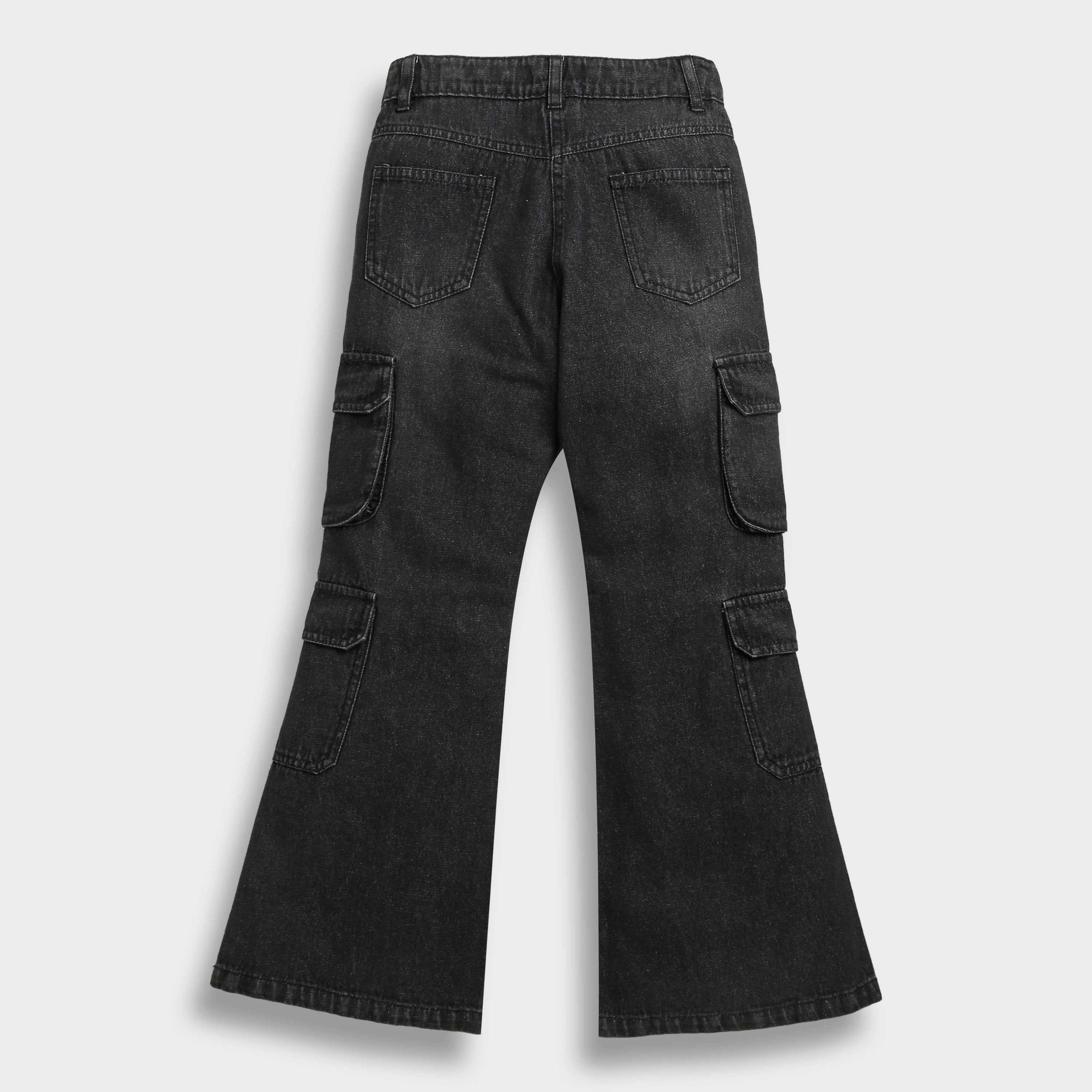 Black Denim Cargo Flared Jeans P1634