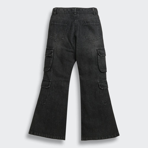 Black Denim Cargo Flared Jeans P1634