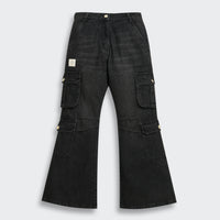 Black Denim Cargo Flared Jeans P1634