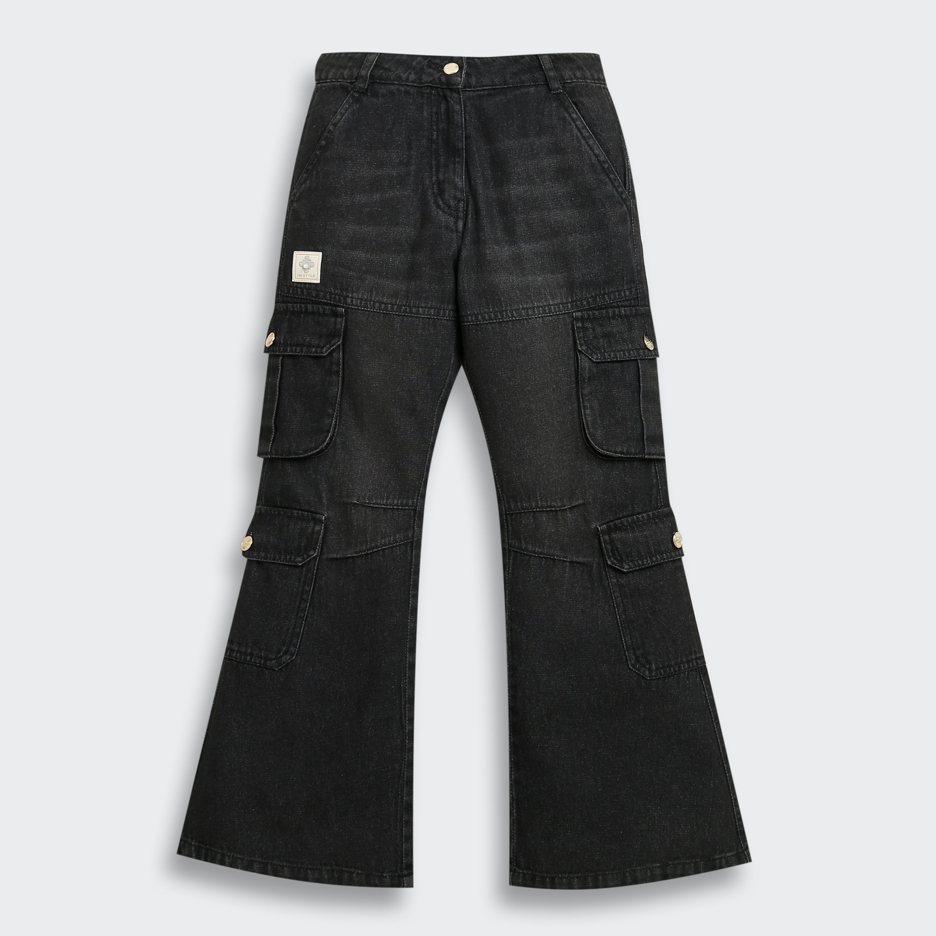 Black Denim Cargo Flared Jeans P1634