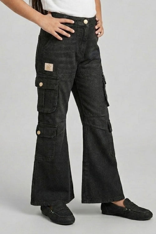 Black Denim Cargo Flared Jeans P1634