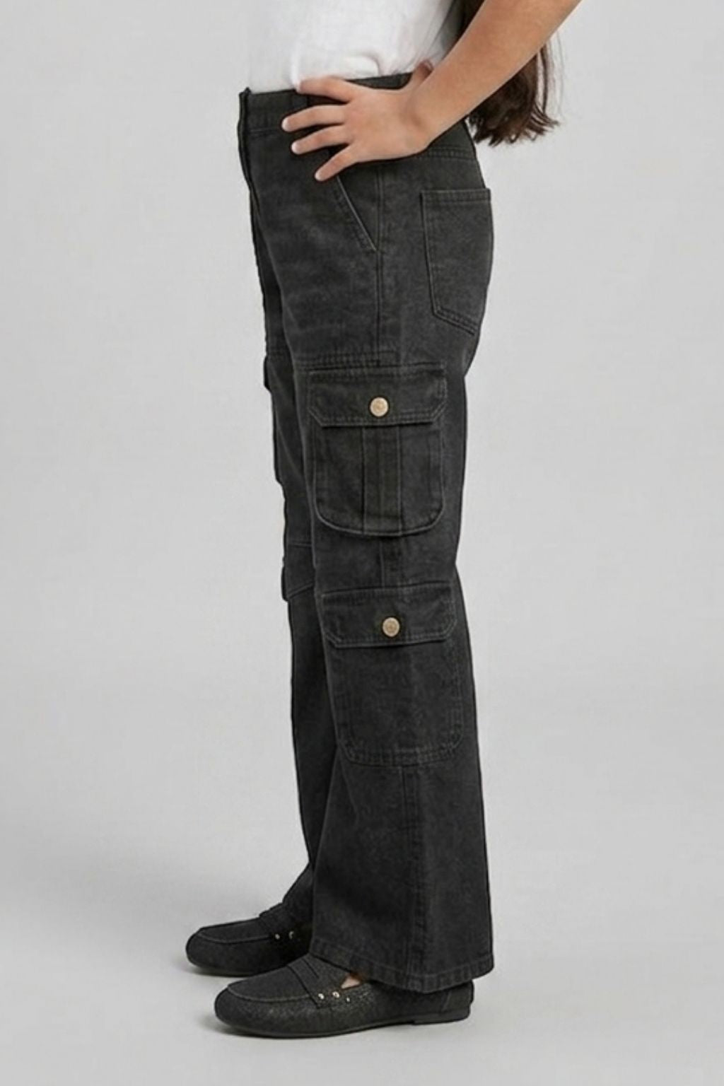 Black Denim Cargo Flared Jeans P1634