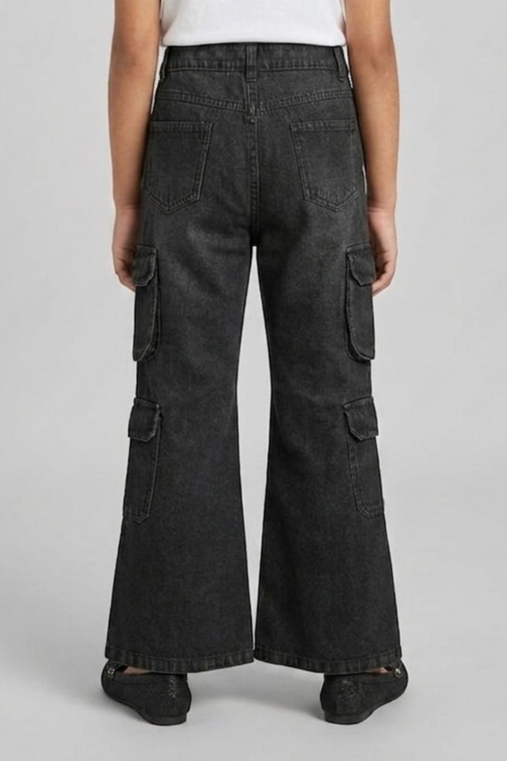 Black Denim Cargo Flared Jeans P1634