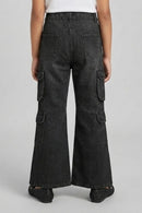 Black Denim Cargo Flared Jeans P1634