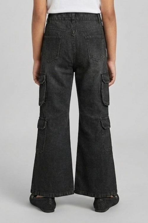 Black Denim Cargo Flared Jeans P1634