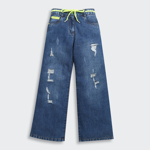 Neon Tie Distressed Wide-Leg Jeans 1639