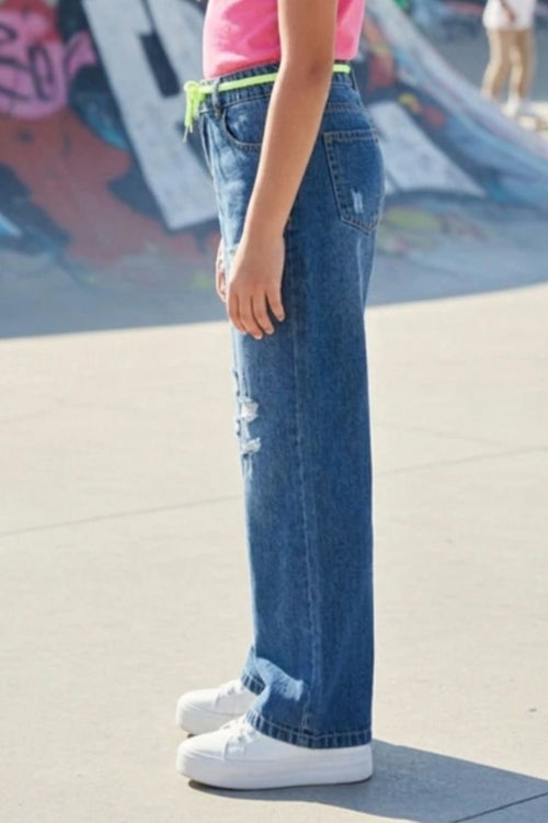 Neon Tie Distressed Wide-Leg Jeans 1639