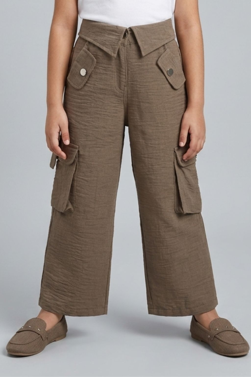 Flap Pockets Brown Wide-Leg Cargo Pants 1649
