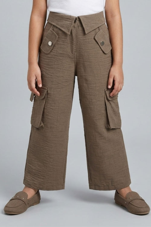 Flap Pockets Brown Wide-Leg Cargo Pants 1649