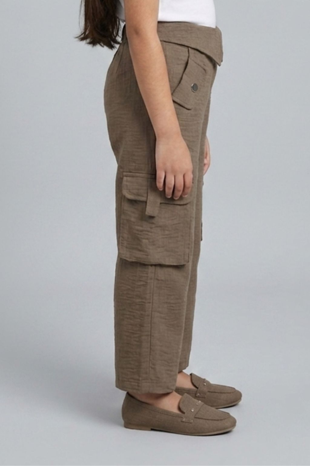 Flap Pockets Brown Wide-Leg Cargo Pants 1649