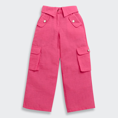 Flap Pockets Hot Pink Wide-Leg Cargo Pants 1649