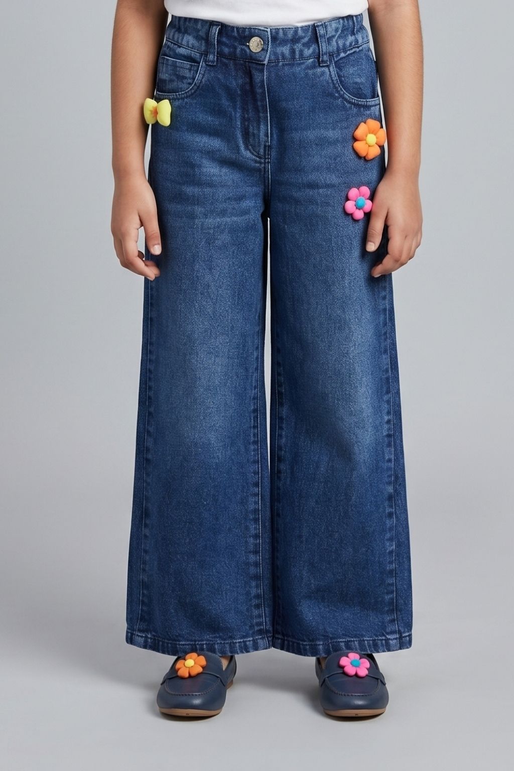 Dark Blue Playful Bloom Wide-Leg Denim Jeans P1671