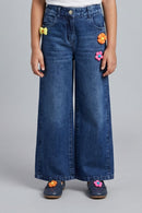 Dark Blue Playful Bloom Wide-Leg Denim Jeans P1671