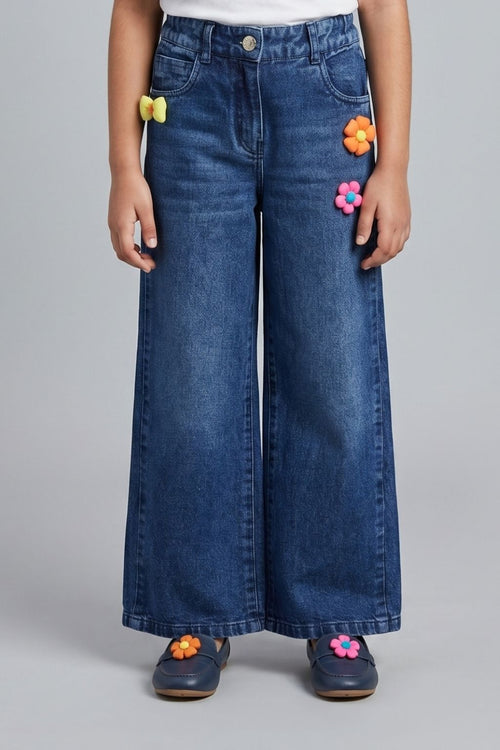 Dark Blue Playful Bloom Wide-Leg Denim Jeans P1671