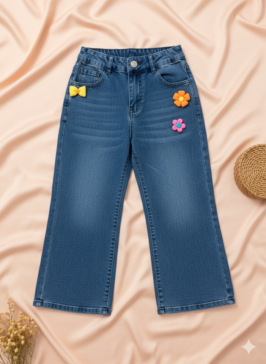 Dark Blue Playful Bloom Wide-Leg Denim Jeans P1671