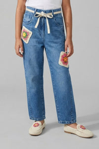 Light Blue Denim Jeans with Crochet Flower Patches & Belt P1681