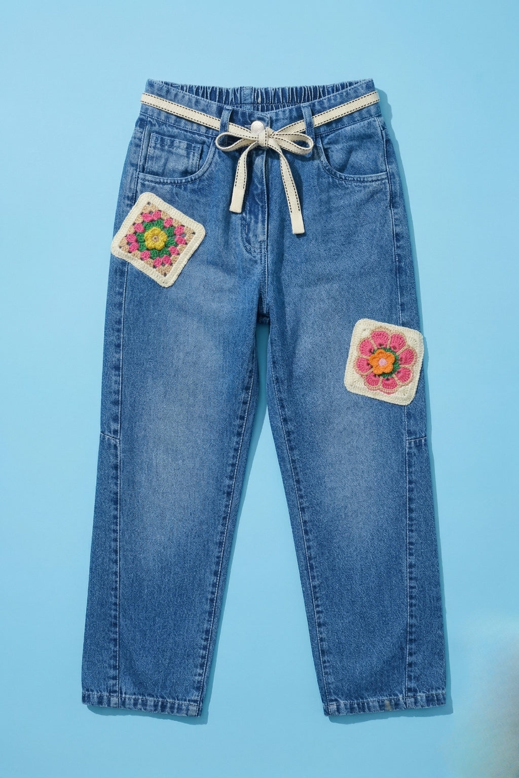 Light Blue Denim Jeans with Crochet Flower Patches & Belt P1681