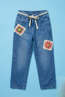 Light Blue Denim Jeans with Crochet Flower Patches & Belt P1681