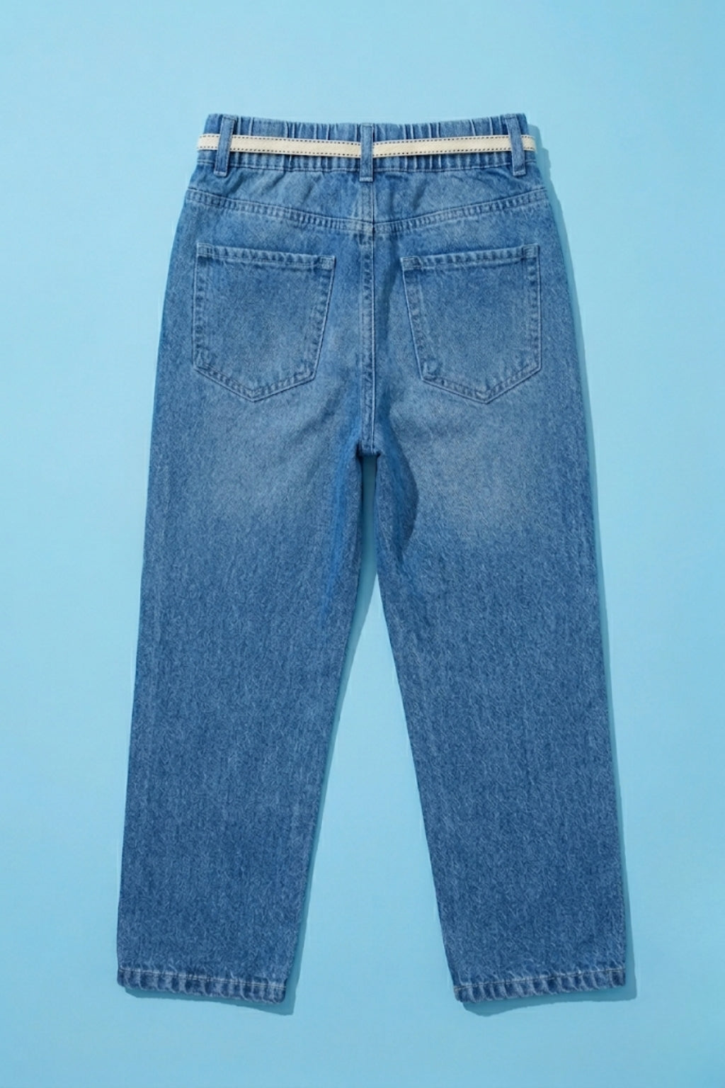 Light Blue Denim Jeans with Crochet Flower Patches & Belt P1681