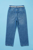 Light Blue Denim Jeans with Crochet Flower Patches & Belt P1681