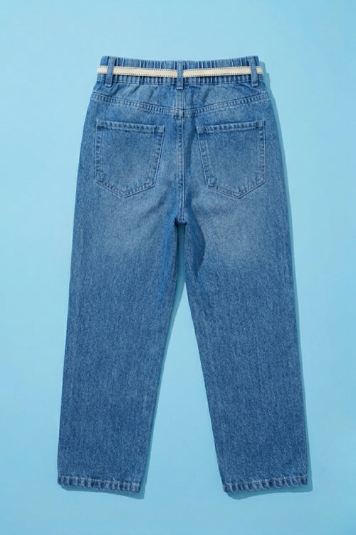 Light Blue Denim Jeans with Crochet Flower Patches & Belt P1681