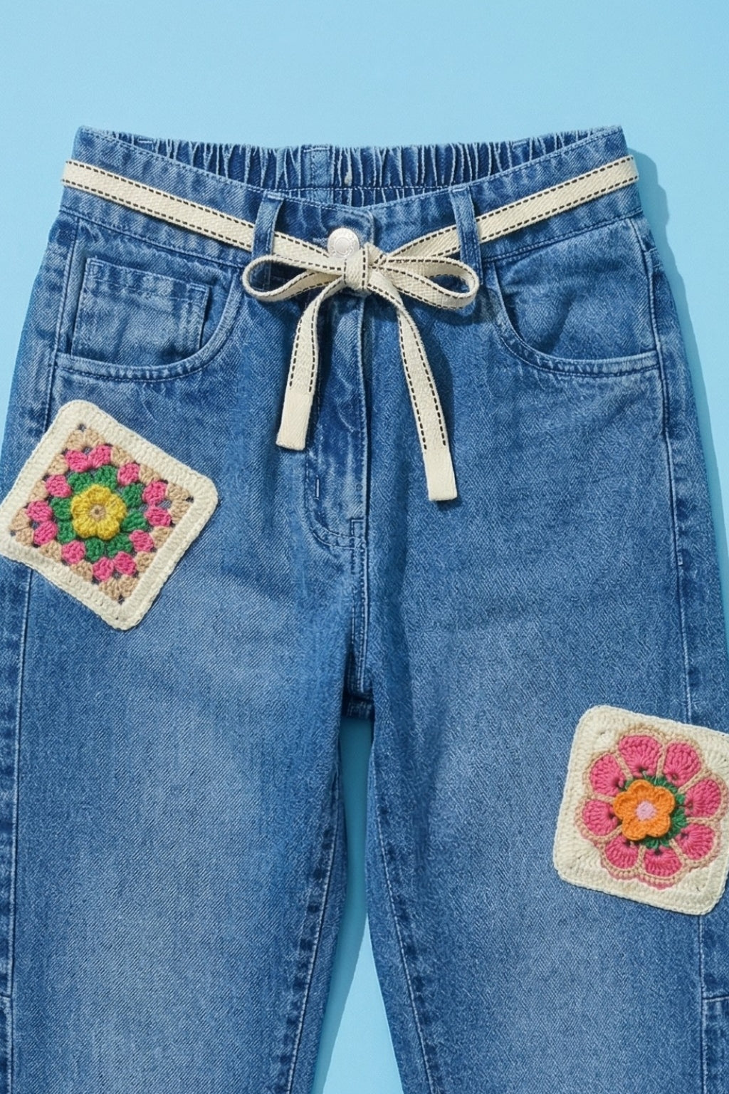 Light Blue Denim Jeans with Crochet Flower Patches & Belt P1681