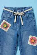 Light Blue Denim Jeans with Crochet Flower Patches & Belt P1681