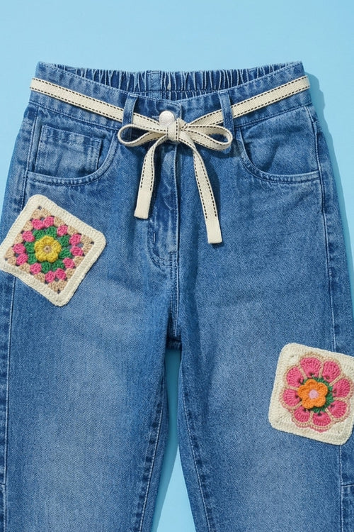 Light Blue Denim Jeans with Crochet Flower Patches & Belt P1681