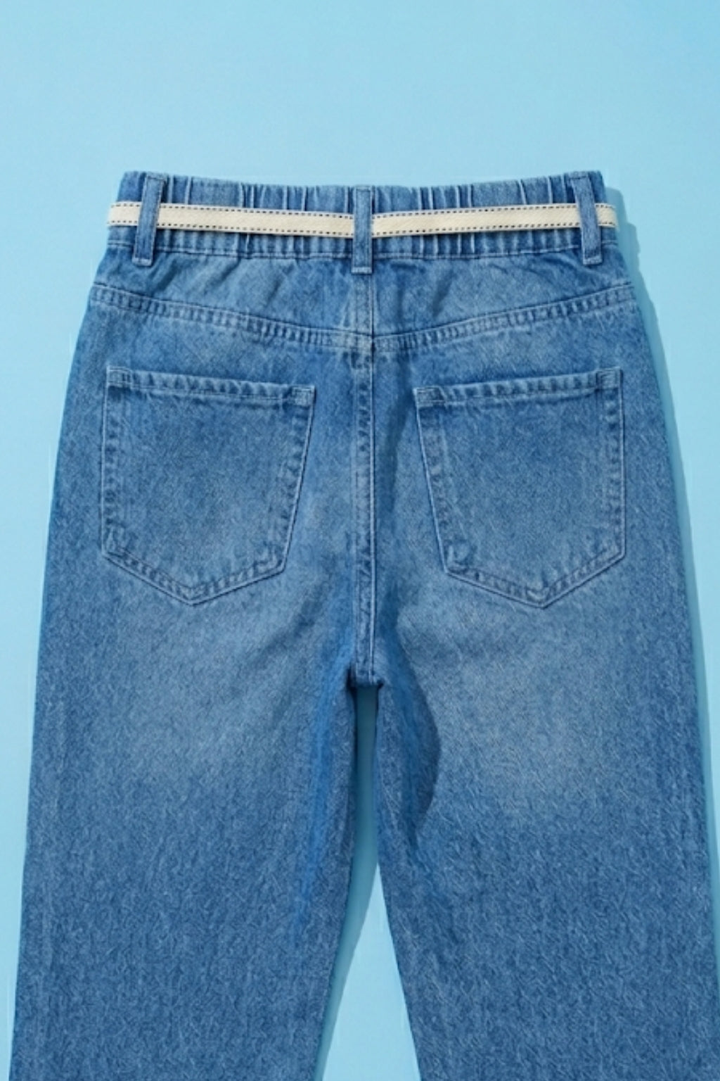 Light Blue Denim Jeans with Crochet Flower Patches & Belt P1681