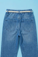 Light Blue Denim Jeans with Crochet Flower Patches & Belt P1681