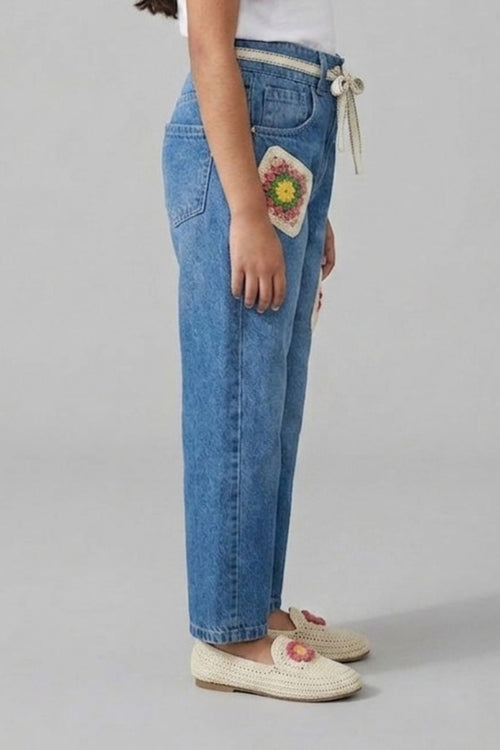Light Blue Denim Jeans with Crochet Flower Patches & Belt P1681
