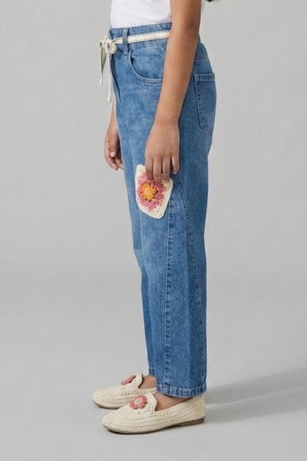 Light Blue Denim Jeans with Crochet Flower Patches & Belt P1681