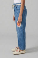 Light Blue Denim Jeans with Crochet Flower Patches & Belt P1681