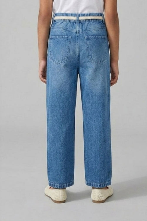 Light Blue Denim Jeans with Crochet Flower Patches & Belt P1681