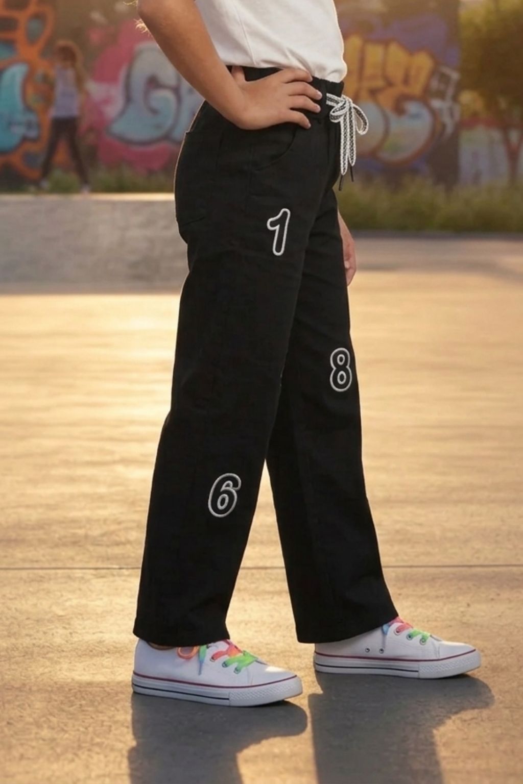 Black Sporty Number Patch Wide-Leg Pant 1689