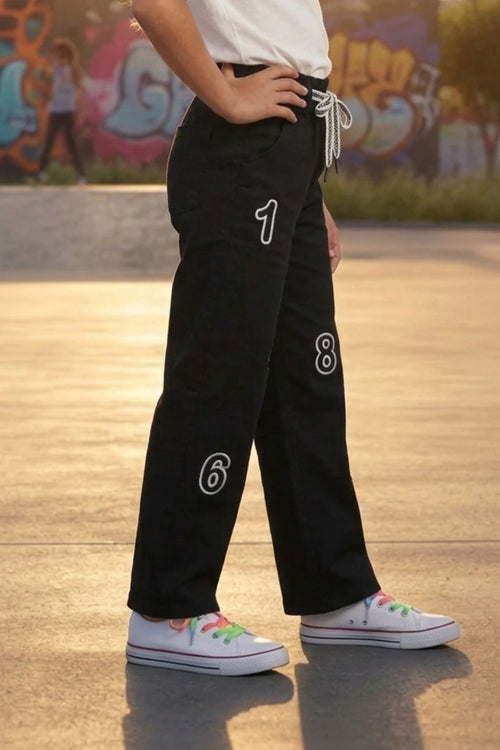 Black Sporty Number Patch Wide-Leg Pant 1689