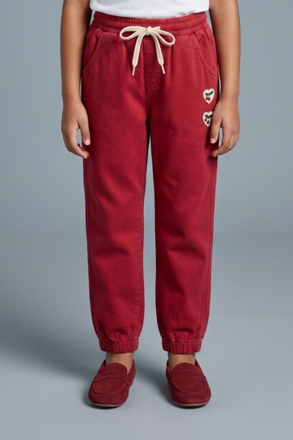 Red Jogger Pants with Cherry Patch P1692