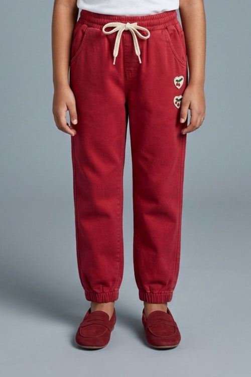 Red Jogger Pants with Cherry Patch P1692