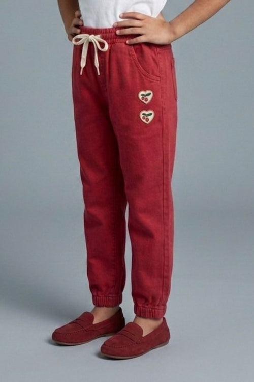 Red Jogger Pants with Cherry Patch P1692