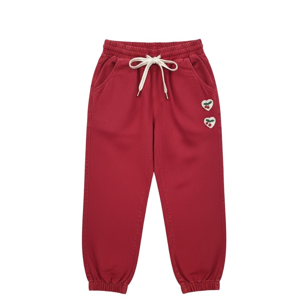 Red Jogger Pants with Cherry Patch P1692