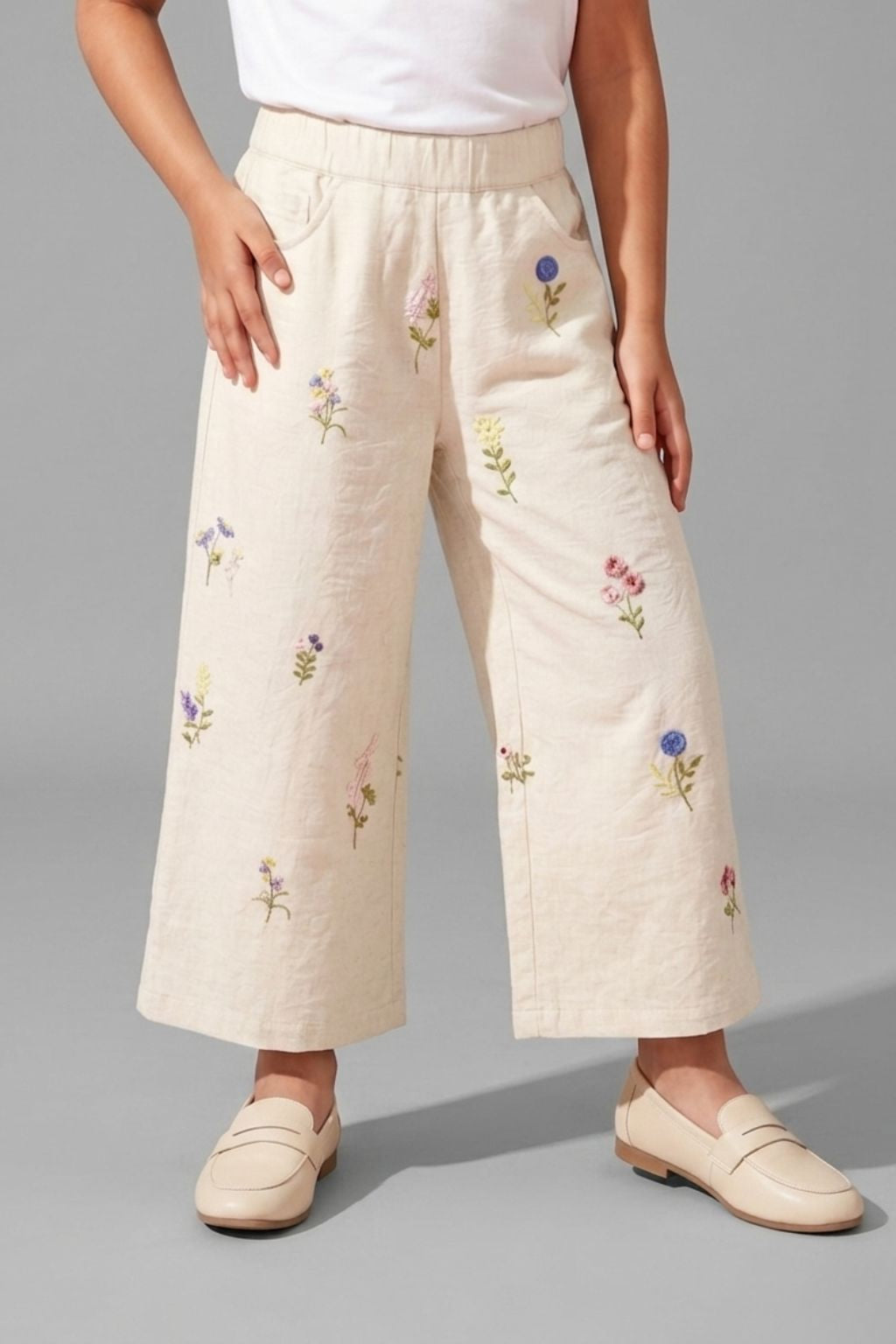 Girls Floral Embroidered Wide Leg Culottes Pants P1748