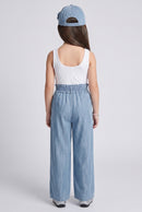 Light Blue Paperbag Waist Wide-Leg Denim Pants P1778