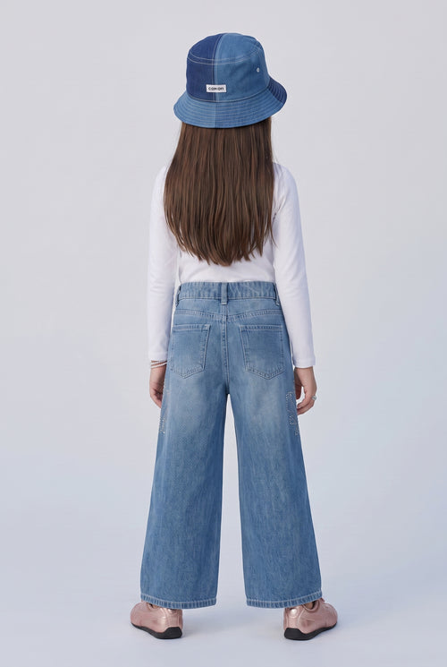 Light Blue Rhinestone Embellished Wide-Leg Jeans P1781
